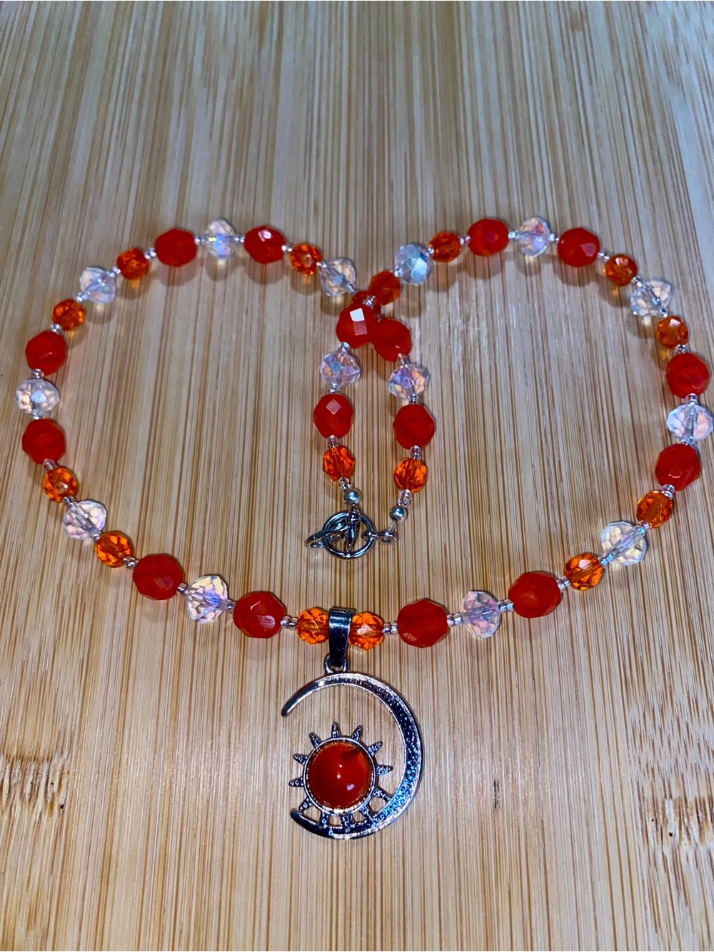 Orange Crystal Beaded Carnelian Moon & Sun Pendant Necklace Handmade